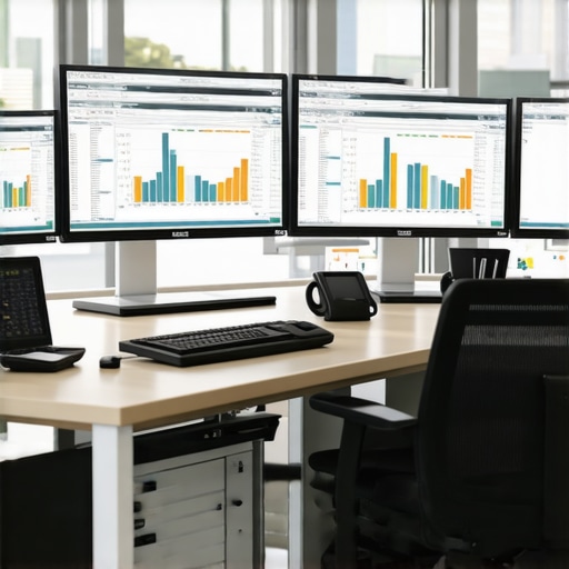 Modern office with accounting software on screens showing financial data and graphs.
