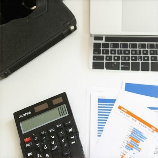 A professional accountant's workspace showing laptops, financial documents, and tools for financial management.