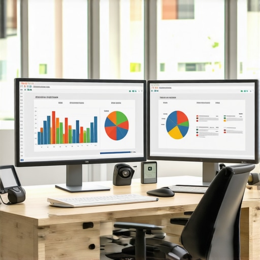 Efficient Financial Workspace with Advanced Tools A professional accountant's modern workspace showing financial software on dual monitors and organized supplies.