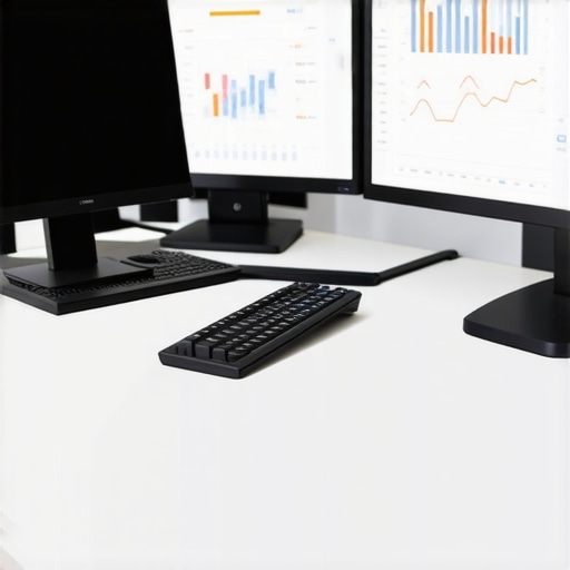 Efficient Financial Workstation Setup A professional workspace with dual monitors showing financial dashboards and accounting tools
