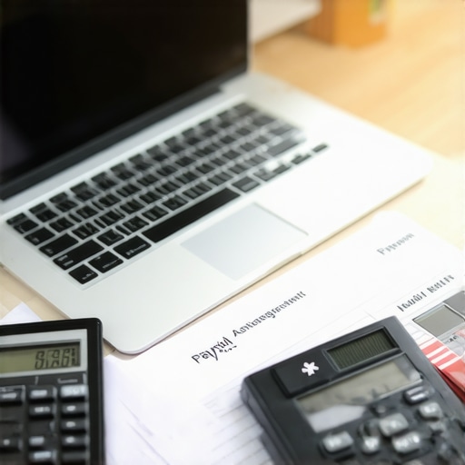 Efficient Payroll Management Workspace A professional workspace with accounting tools and documents for payroll processing
