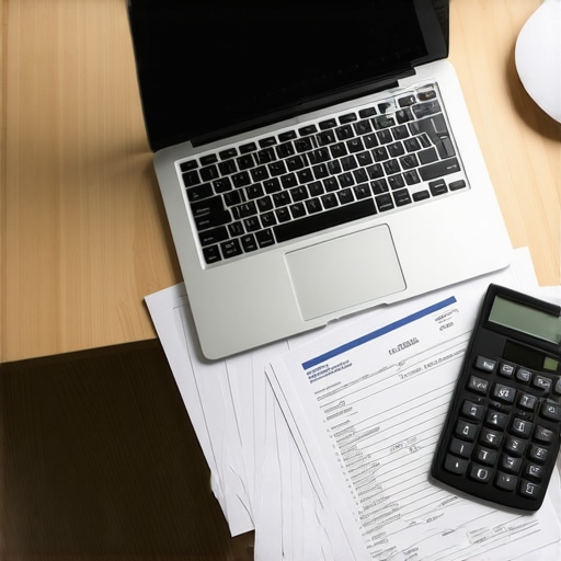 A tidy desk with financial tools and documents showing organized bookkeeping process.
