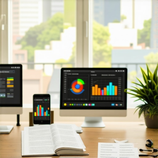 A modern accountant's workspace featuring multiple screens showing financial data and compliance tools.