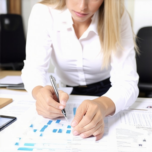 Accountant working on financial statements with team in office.