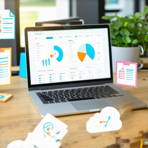 Laptop showing financial dashboards with compliance checklists and cloud software icons.
