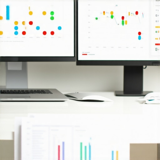 Modern desk with financial tools and monitors for business accounting