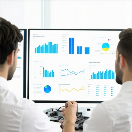 Accountant analyzing dashboards with automated payroll and tax compliance visuals.
