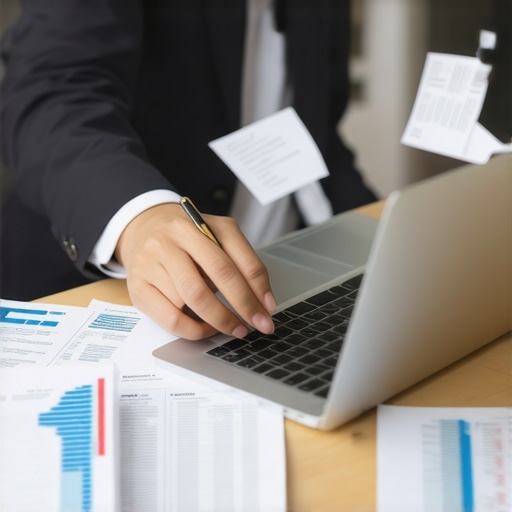 Financial Professional Using Accounting Software Person working on financial software with digital receipts and spreadsheets.