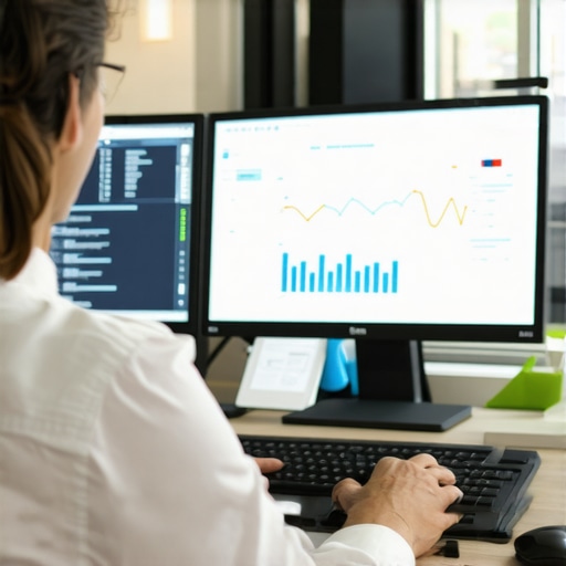 Accountant analyzing financial data on dual monitors to ensure system health.