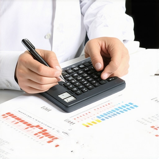 Business owner examining financial sheets with calculator