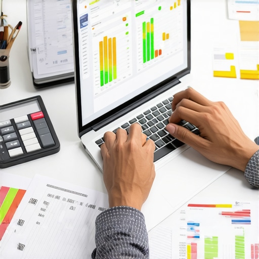Modern CPA Tools in Action Accountant using financial software for audit preparation and bookkeeping.