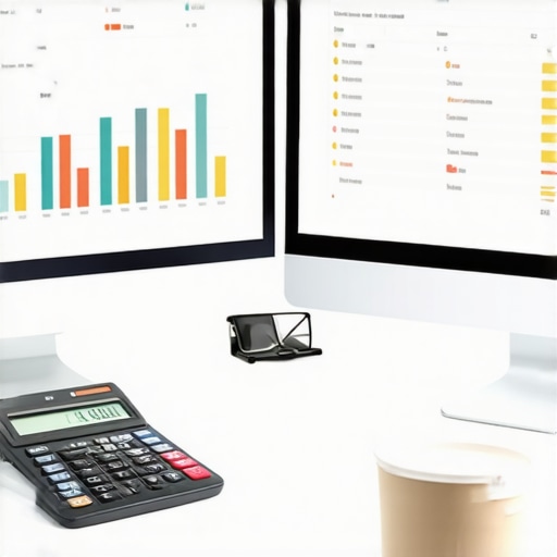 Modern Financial Management Setup Financial dashboards on dual screens with office tools