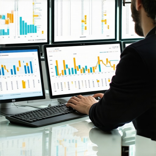 Modern Financial Management Tools Accountant using dual monitors displaying financial dashboards and automation software.