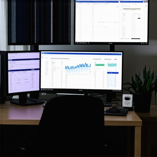 A desk setup with screens displaying accounting software, digital documents, and financial charts.