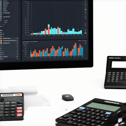 Computer screen displaying accounting software and financial dashboards on a professional desk.
