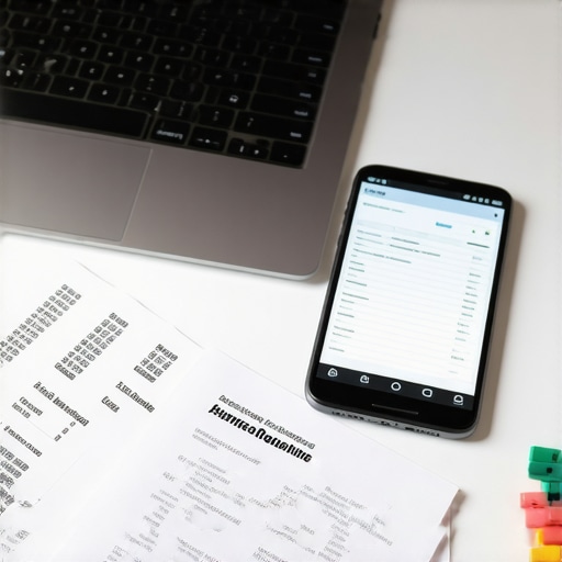 Modern Office with Accounting Tools A contemporary office workspace featuring a laptop, financial documents, and a smartphone showing accounting apps.