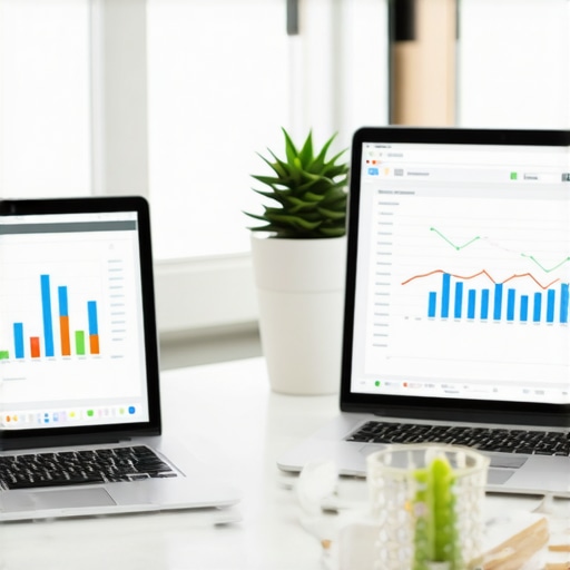 Optimized Financial Workflow Setup Desk with accounting tools and computer screens showing financial data