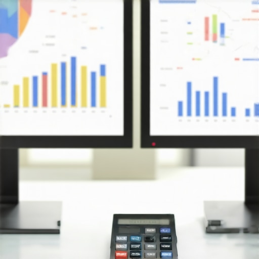 Optimized Financial Workspace with Dual Monitors Financial professional working with dual monitors displaying accounting software and spreadsheets.
