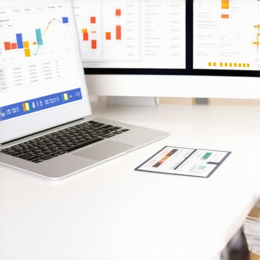 A workspace with financial software on dual monitors and organized financial documents