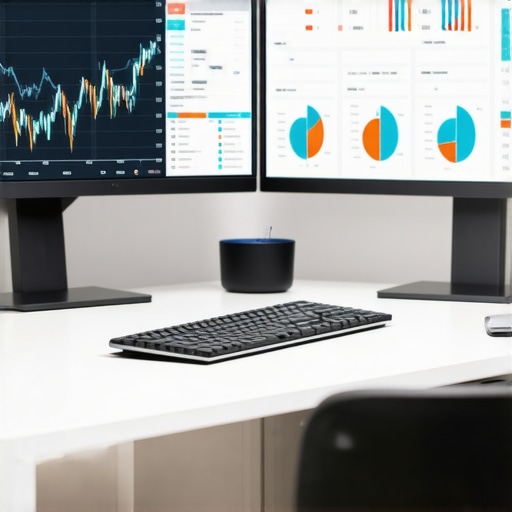 Modern financial workstation with accounting software on dual screens.