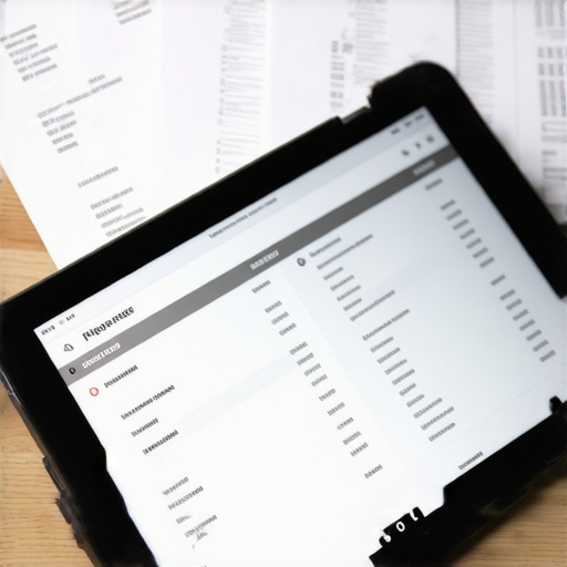 A tablet displaying a neatly organized digital asset register with accompanying financial documents.