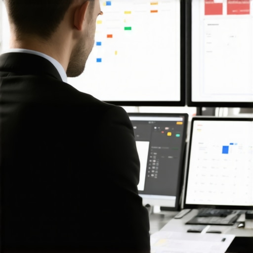 Accountant reviewing organized digital and physical financial records in an office environment.