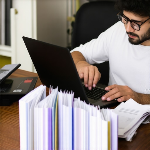 Business owner reviewing financial records on a laptop with organized folders