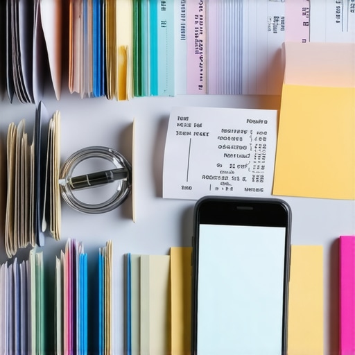 Person setting up an organized receipt storage with folders and expense tracking apps.