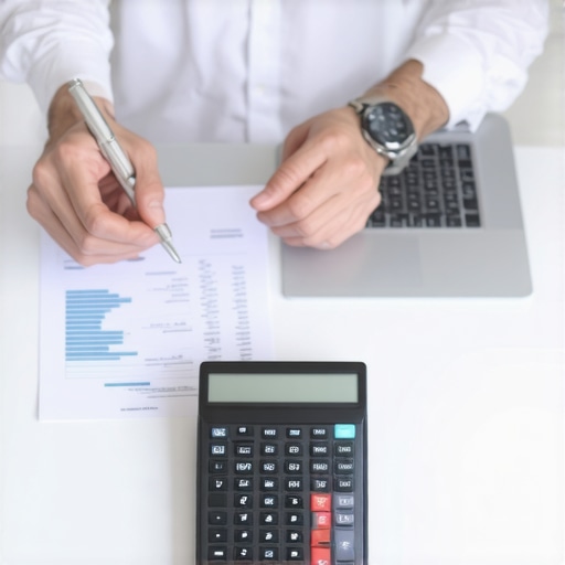 Business owner analyzing payroll bills with digital devices