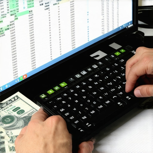 A person analyzing bank transactions on a computer screen with spreadsheets and documents.