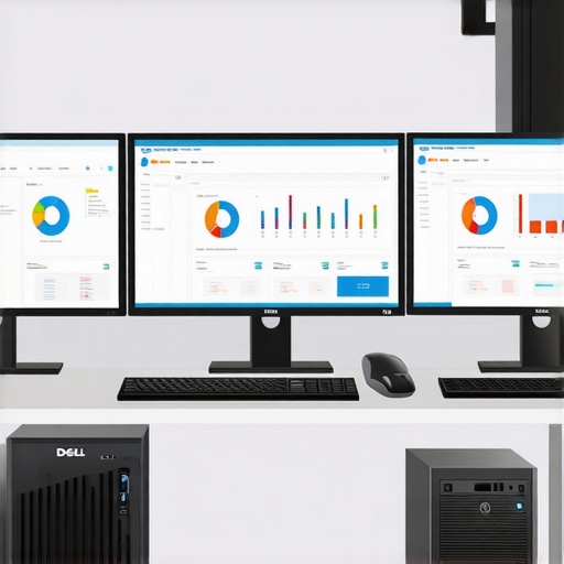 A modern workspace showing a Dell desktop, dual monitors with financial data, and a UPS device