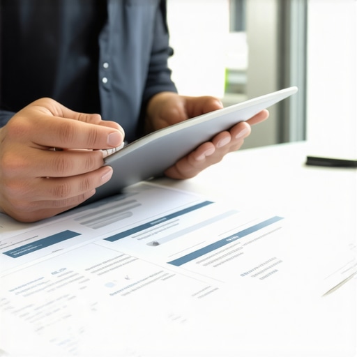 Business owner with CPA analyzing benefits documents on tablets in modern office