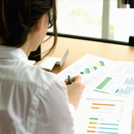 Person analyzing financial reports with spreadsheets and bank statements on a desk.