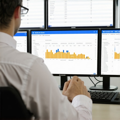 Strategic Payroll Management with Advanced Tools Accountant analyzing multi-screen data for payroll compliance