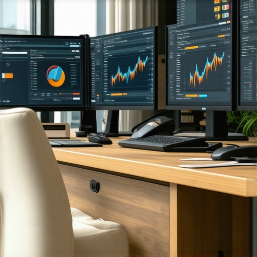 Business owner monitoring multiple financial dashboards on computer screens in a tidy workspace.