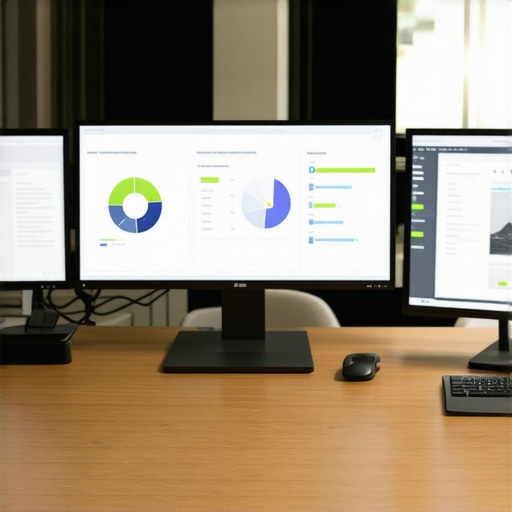 Modern accountant's workspace with digital tools and dashboards.