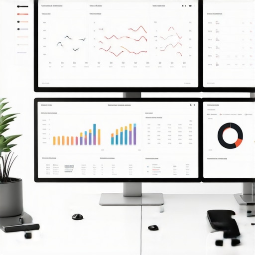 Streamlined Financial Workspace with Automation Tools A professional workspace with computer screens showing financial data dashboards, representing efficient accounting practices.