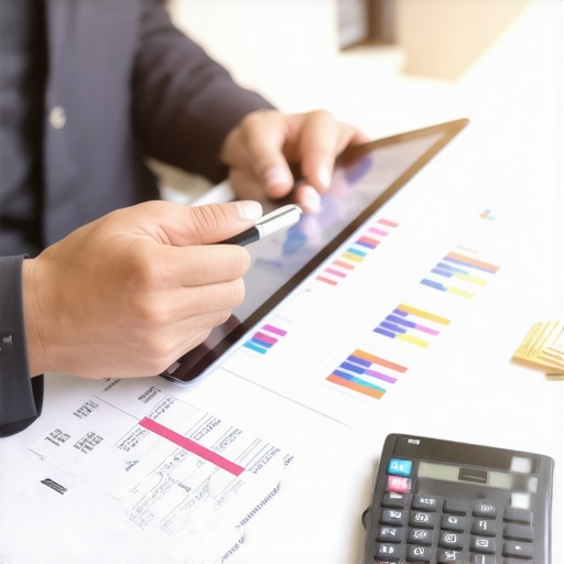 Business owner reviewing sales tax data on a tablet with calculator and documents.