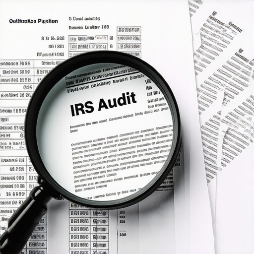 A magnifying glass focusing on business tax documents and audit notices.