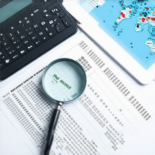 Close-up of a financial audit process showing a magnifying glass over a ledger and tax nexus data.