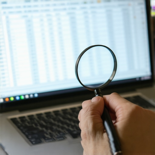 Advanced Audit Verification Process Close up of a magnifying glass inspecting financial data on a screen.
