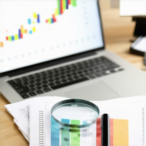 Close up of financial documents and magnifying glass on a professional desk