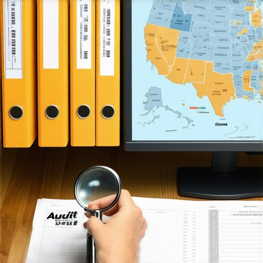 Business desk with tax nexus maps and audit defense documentation
