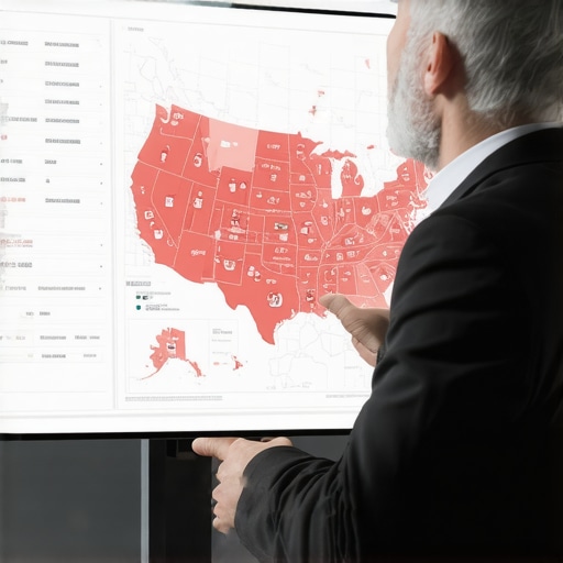 Analyzing Multi-State Tax Nexus and Compliance Professional reviewing tax compliance and sales nexus map on a digital dashboard.
