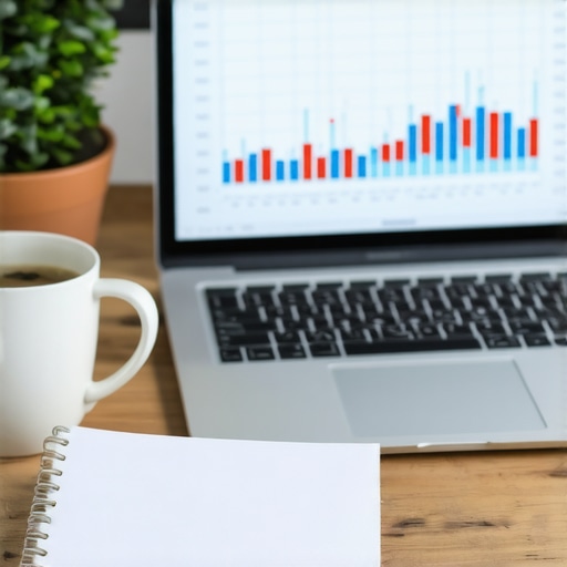 Analyzing business financial statements on a desk A laptop screen showing financial reports and charts next to a notebook on a business desk
