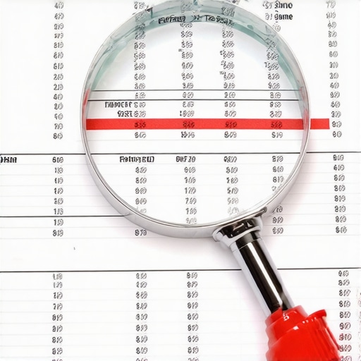 A magnifying glass highlighting errors and red flags in a business ledger spreadsheet.