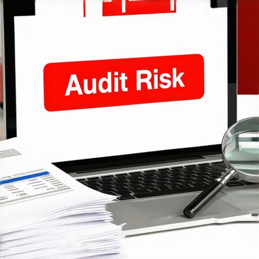 A laptop screen displaying an audit risk notification alongside financial documents.