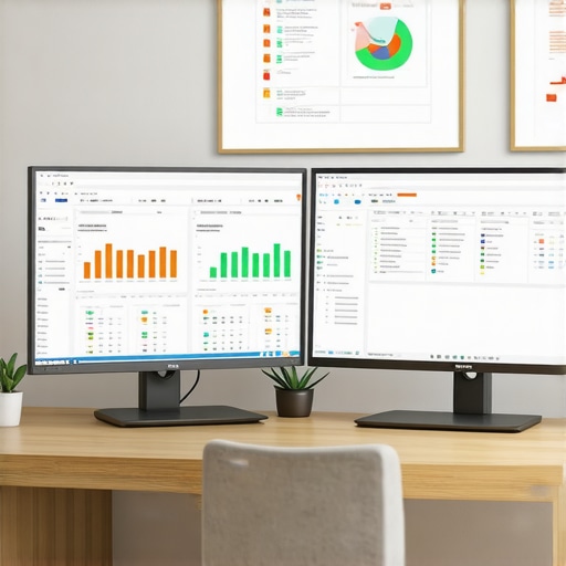 A modern workstation featuring dual monitors with accounting software and financial analytics for an S-Corp owner.