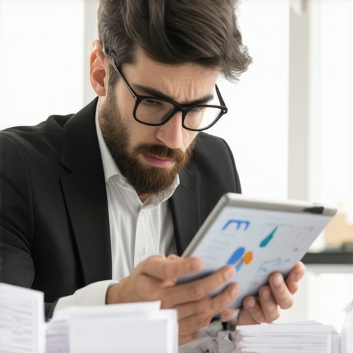 Business owner analyzing financial data discrepancies between software and manual ledgers.