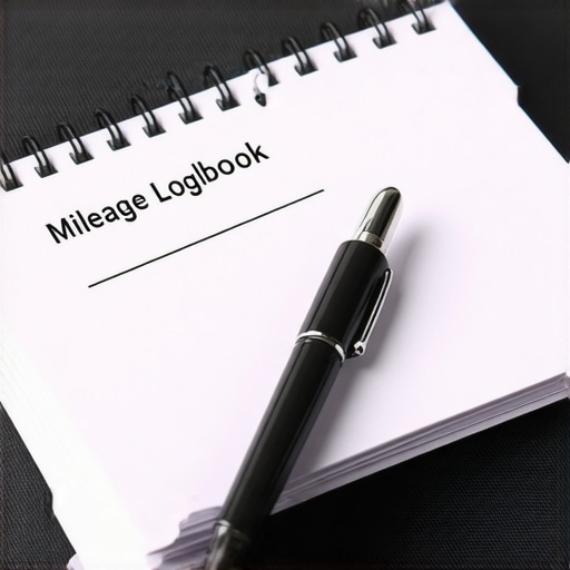A detailed business mileage logbook sitting on a vehicle dashboard.